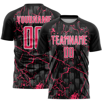 Custom Black Neon Pink-White Lightning Sublimation Soccer Uniform Jersey