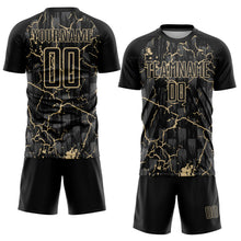 Load image into Gallery viewer, Custom Black Vegas Gold Lightning Sublimation Soccer Uniform Jersey