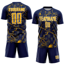Laden Sie das Bild in den Galerie-Viewer, Custom Navy Gold-White Lightning Sublimation Soccer Uniform Jersey