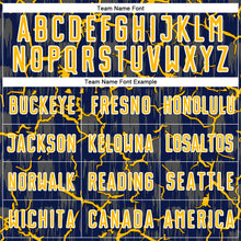 Laden Sie das Bild in den Galerie-Viewer, Custom Navy Gold-White Lightning Sublimation Soccer Uniform Jersey