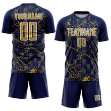 Laden Sie das Bild in den Galerie-Viewer, Custom Navy Old Gold-White Lightning Sublimation Soccer Uniform Jersey
