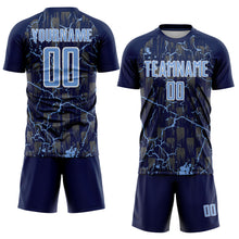 Laden Sie das Bild in den Galerie-Viewer, Custom Navy Light Blue-White Lightning Sublimation Soccer Uniform Jersey