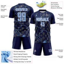 Laden Sie das Bild in den Galerie-Viewer, Custom Navy Light Blue-White Lightning Sublimation Soccer Uniform Jersey