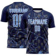 Laden Sie das Bild in den Galerie-Viewer, Custom Navy Light Blue-White Lightning Sublimation Soccer Uniform Jersey