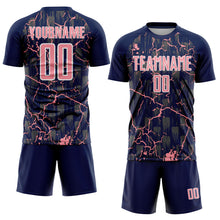 Laden Sie das Bild in den Galerie-Viewer, Custom Navy Medium Pink-White Lightning Sublimation Soccer Uniform Jersey