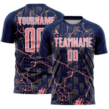 Laden Sie das Bild in den Galerie-Viewer, Custom Navy Medium Pink-White Lightning Sublimation Soccer Uniform Jersey