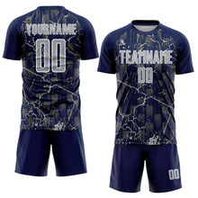 Laden Sie das Bild in den Galerie-Viewer, Custom Navy Gray-White Lightning Sublimation Soccer Uniform Jersey