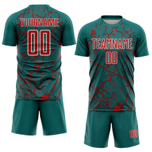 Load image into Gallery viewer, Custom Teal Red-White Lightning Sublimation Soccer Uniform Jersey