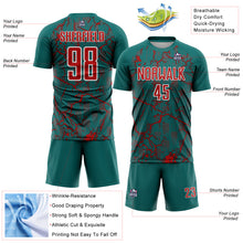 Load image into Gallery viewer, Custom Teal Red-White Lightning Sublimation Soccer Uniform Jersey