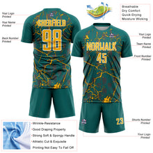 Load image into Gallery viewer, Custom Teal Gold-White Lightning Sublimation Soccer Uniform Jersey