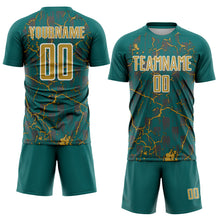 Load image into Gallery viewer, Custom Teal Old Gold-White Lightning Sublimation Soccer Uniform Jersey