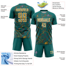 Load image into Gallery viewer, Custom Teal Old Gold-White Lightning Sublimation Soccer Uniform Jersey