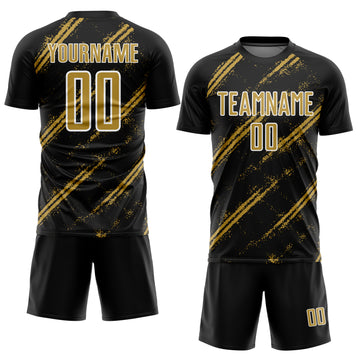 Custom Black Old Gold-White Abstract Fragment Art Splash Sublimation Soccer Uniform Jersey