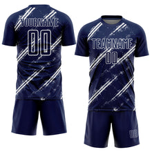 Laden Sie das Bild in den Galerie-Viewer, Custom Navy White Abstract Fragment Art Splash Sublimation Soccer Uniform Jersey