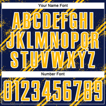 Laden Sie das Bild in den Galerie-Viewer, Custom Navy Gold-White Abstract Fragment Art Splash Sublimation Soccer Uniform Jersey