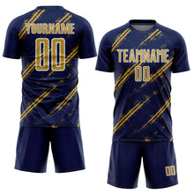 Laden Sie das Bild in den Galerie-Viewer, Custom Navy Old Gold-White Abstract Fragment Art Splash Sublimation Soccer Uniform Jersey