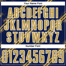 Laden Sie das Bild in den Galerie-Viewer, Custom Navy Old Gold-White Abstract Fragment Art Splash Sublimation Soccer Uniform Jersey