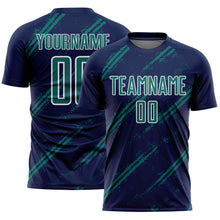 Laden Sie das Bild in den Galerie-Viewer, Custom Navy Teal-White Abstract Fragment Art Splash Sublimation Soccer Uniform Jersey
