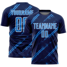 Laden Sie das Bild in den Galerie-Viewer, Custom Navy Powder Blue-White Abstract Fragment Art Splash Sublimation Soccer Uniform Jersey