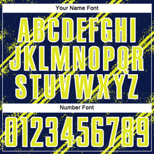 Laden Sie das Bild in den Galerie-Viewer, Custom Navy Neon Yellow-White Abstract Fragment Art Splash Sublimation Soccer Uniform Jersey