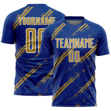 Load image into Gallery viewer, Custom Royal Old Gold-White Abstract Fragment Art Splash Sublimation Soccer Uniform Jersey
