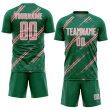 Load image into Gallery viewer, Custom Kelly Green Medium Pink-White Abstract Fragment Art Splash Sublimation Soccer Uniform Jersey