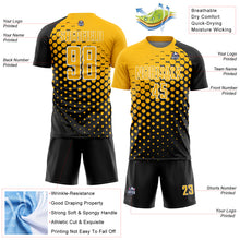 Laden Sie das Bild in den Galerie-Viewer, Custom Black Gold-White Modern Polka Dot Sublimation Soccer Uniform Jersey