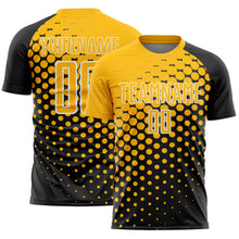 Laden Sie das Bild in den Galerie-Viewer, Custom Black Gold-White Modern Polka Dot Sublimation Soccer Uniform Jersey