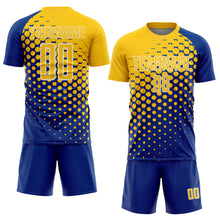 Laden Sie das Bild in den Galerie-Viewer, Custom Royal Yellow-White Modern Polka Dot Sublimation Soccer Uniform Jersey