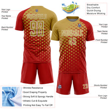 Load image into Gallery viewer, Custom Red Old Gold-White Modern Polka Dot Sublimation Soccer Uniform Jersey
