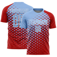 Load image into Gallery viewer, Custom Red Light Blue-White Modern Polka Dot Sublimation Soccer Uniform Jersey