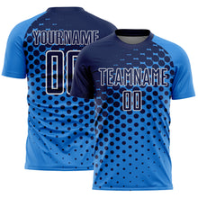 Laden Sie das Bild in den Galerie-Viewer, Custom Powder Blue Navy-White Modern Polka Dot Sublimation Soccer Uniform Jersey