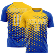 Load image into Gallery viewer, Custom Thunder Blue Yellow-White Modern Polka Dot Sublimation Soccer Uniform Jersey