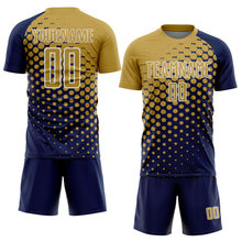 Laden Sie das Bild in den Galerie-Viewer, Custom Navy Old Gold-White Modern Polka Dot Sublimation Soccer Uniform Jersey