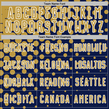 Laden Sie das Bild in den Galerie-Viewer, Custom Navy Old Gold-White Modern Polka Dot Sublimation Soccer Uniform Jersey