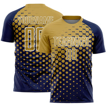 Laden Sie das Bild in den Galerie-Viewer, Custom Navy Old Gold-White Modern Polka Dot Sublimation Soccer Uniform Jersey