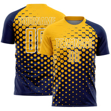 Laden Sie das Bild in den Galerie-Viewer, Custom Navy Gold-White Modern Polka Dot Sublimation Soccer Uniform Jersey