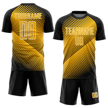 Laden Sie das Bild in den Galerie-Viewer, Custom Black Gold-White Line Sublimation Soccer Uniform Jersey