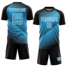 Laden Sie das Bild in den Galerie-Viewer, Custom Black Sky Blue-White Line Sublimation Soccer Uniform Jersey