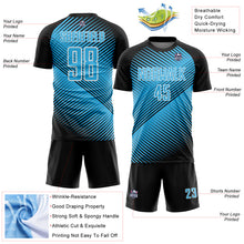Laden Sie das Bild in den Galerie-Viewer, Custom Black Sky Blue-White Line Sublimation Soccer Uniform Jersey