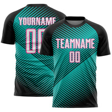 Laden Sie das Bild in den Galerie-Viewer, Custom Black White Aqua-Pink Line Sublimation Soccer Uniform Jersey