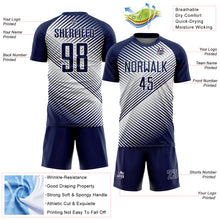 Load image into Gallery viewer, Custom Navy White Line Sublimation Soccer Uniform Jersey