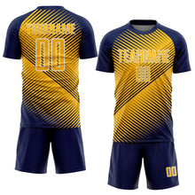 Laden Sie das Bild in den Galerie-Viewer, Custom Navy Gold-White Line Sublimation Soccer Uniform Jersey