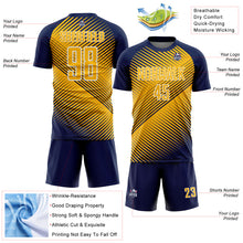 Laden Sie das Bild in den Galerie-Viewer, Custom Navy Gold-White Line Sublimation Soccer Uniform Jersey