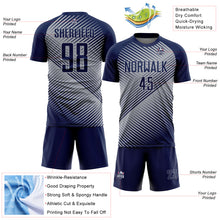 Laden Sie das Bild in den Galerie-Viewer, Custom Navy Gray Line Sublimation Soccer Uniform Jersey
