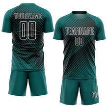 Load image into Gallery viewer, Custom Teal Black-White Line Sublimation Soccer Uniform Jersey