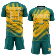 Load image into Gallery viewer, Custom Teal Gold-White Line Sublimation Soccer Uniform Jersey