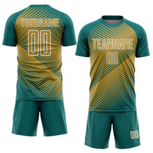 Load image into Gallery viewer, Custom Teal Old Gold-White Line Sublimation Soccer Uniform Jersey