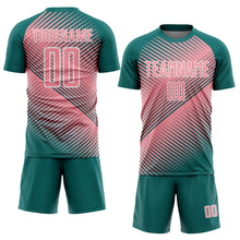 Load image into Gallery viewer, Custom Teal Medium Pink-White Line Sublimation Soccer Uniform Jersey