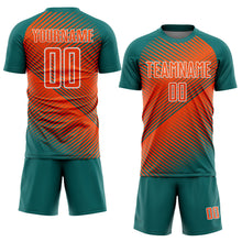 Load image into Gallery viewer, Custom Teal Orange-White Line Sublimation Soccer Uniform Jersey
